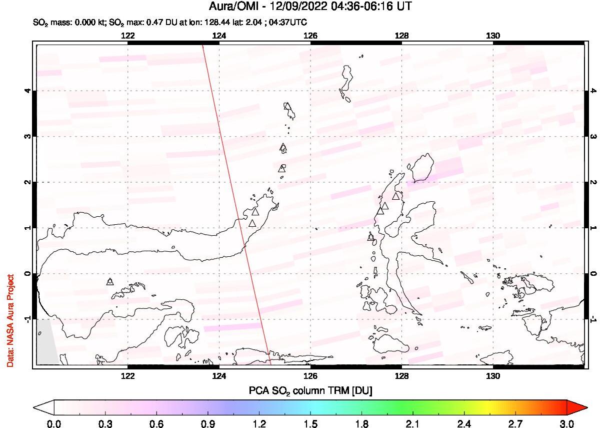 A sulfur dioxide image over Northern Sulawesi & Halmahera, Indonesia on Dec 09, 2022.
