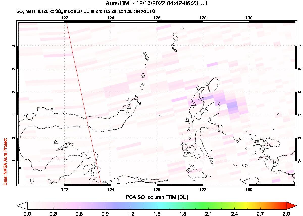 A sulfur dioxide image over Northern Sulawesi & Halmahera, Indonesia on Dec 16, 2022.