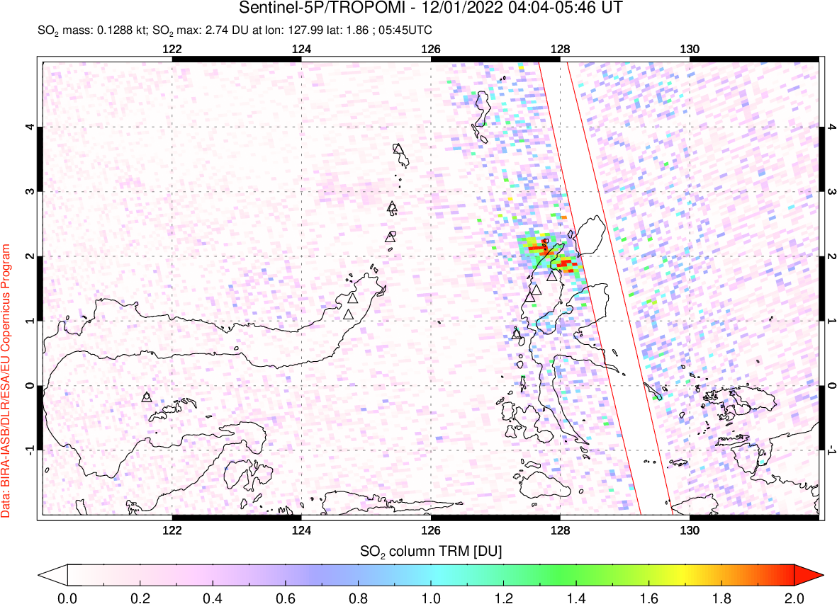 A sulfur dioxide image over Northern Sulawesi & Halmahera, Indonesia on Dec 01, 2022.