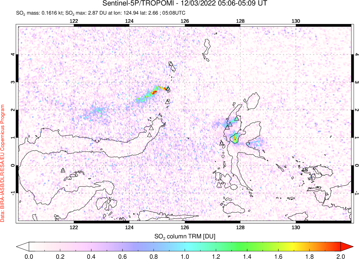 A sulfur dioxide image over Northern Sulawesi & Halmahera, Indonesia on Dec 03, 2022.