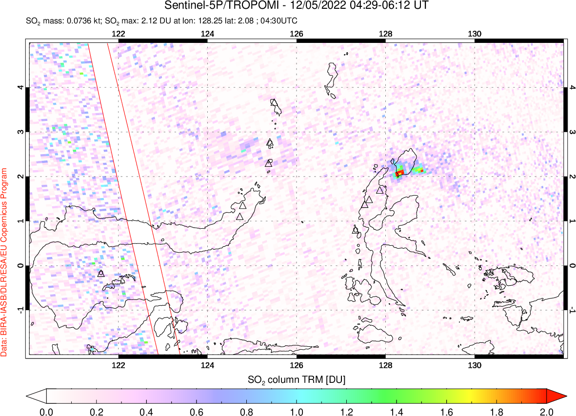 A sulfur dioxide image over Northern Sulawesi & Halmahera, Indonesia on Dec 05, 2022.