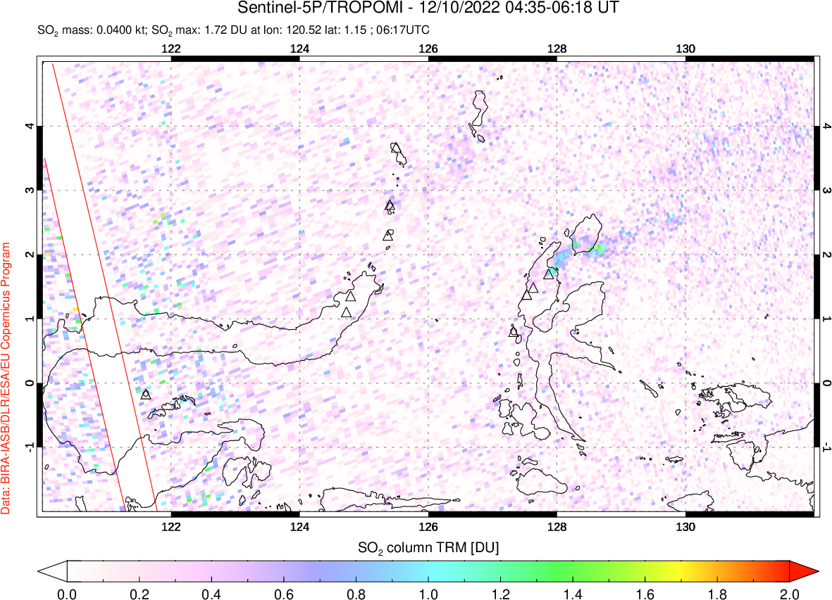 A sulfur dioxide image over Northern Sulawesi & Halmahera, Indonesia on Dec 10, 2022.