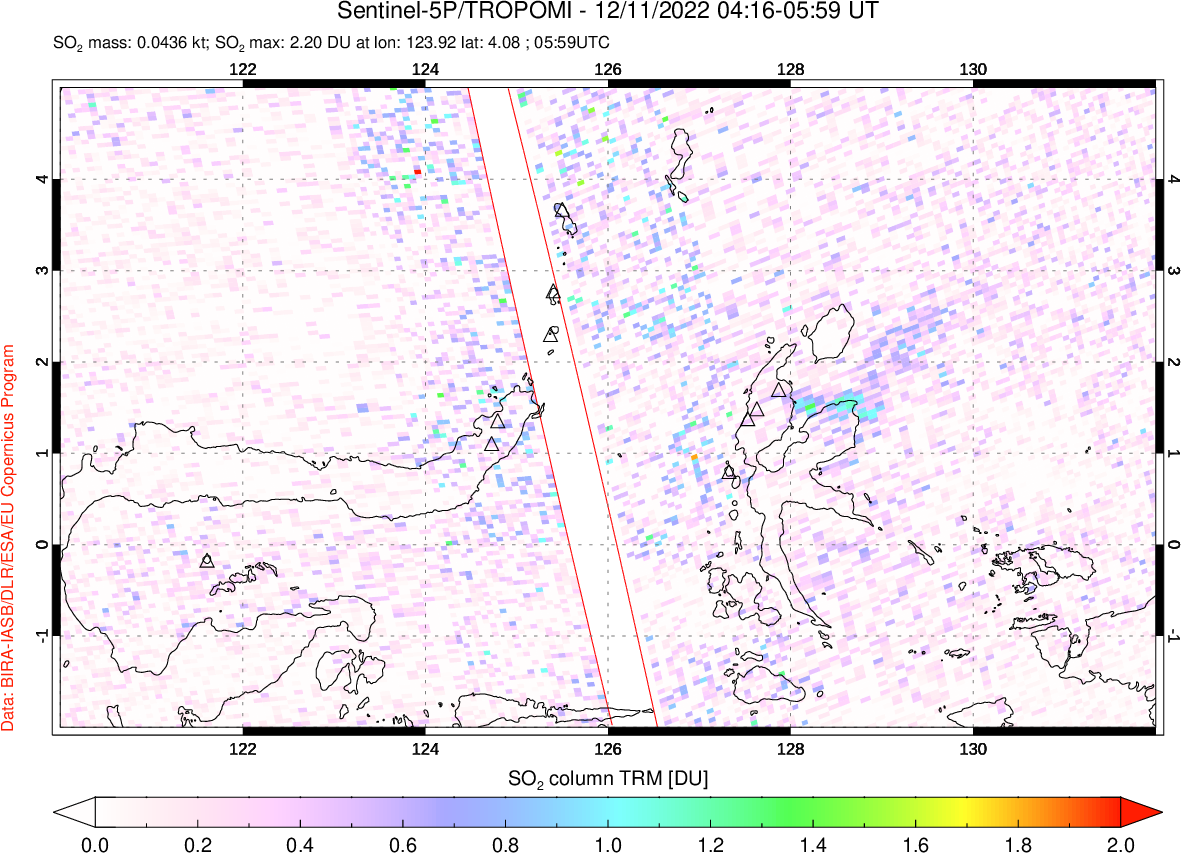 A sulfur dioxide image over Northern Sulawesi & Halmahera, Indonesia on Dec 11, 2022.