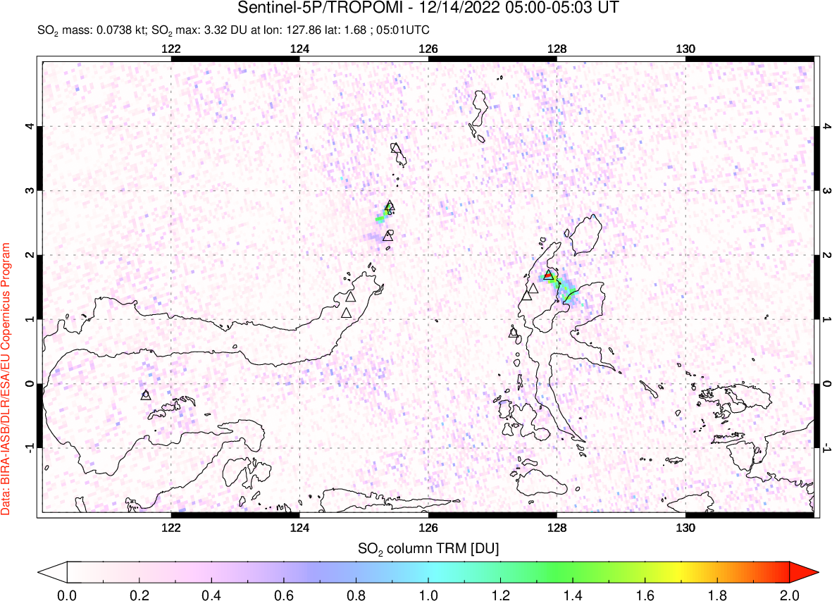 A sulfur dioxide image over Northern Sulawesi & Halmahera, Indonesia on Dec 14, 2022.