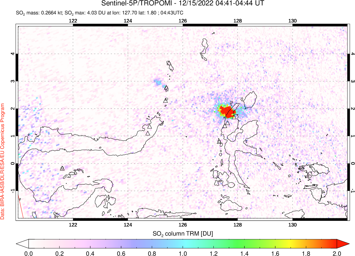 A sulfur dioxide image over Northern Sulawesi & Halmahera, Indonesia on Dec 15, 2022.