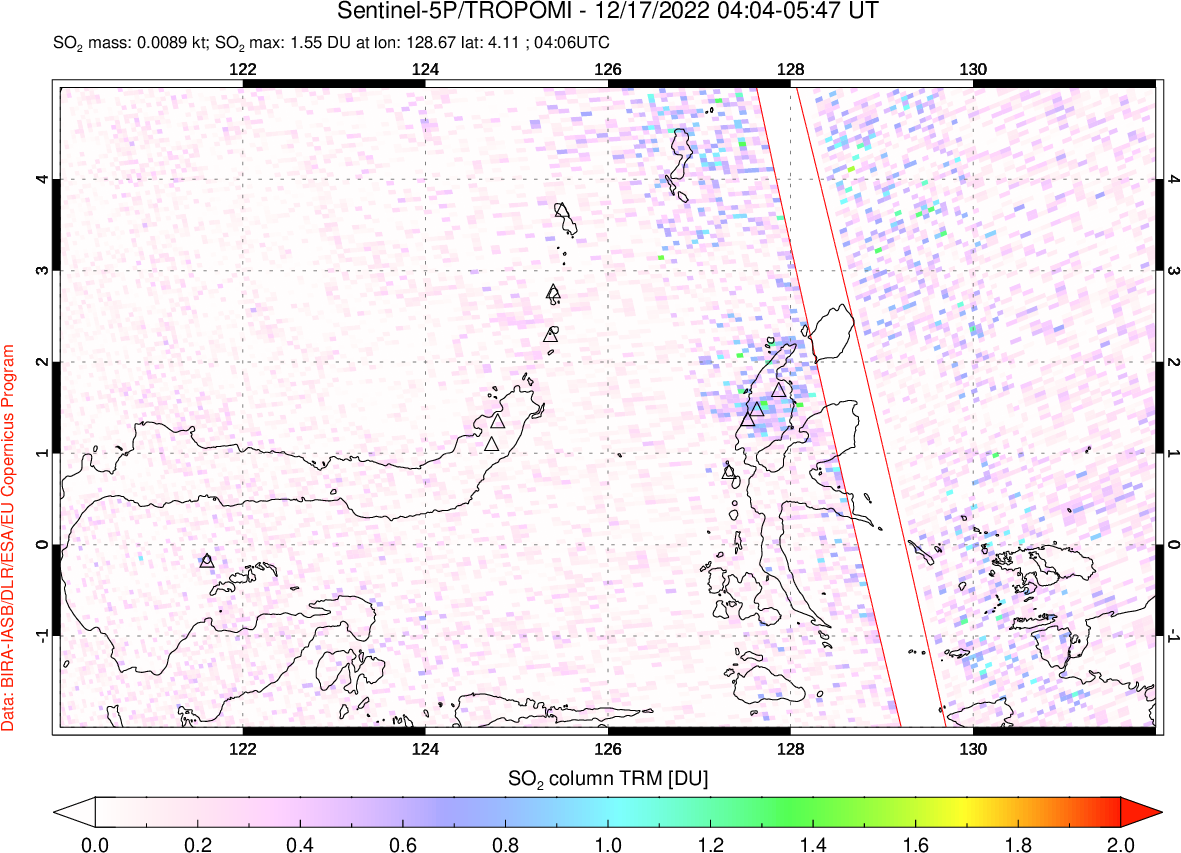 A sulfur dioxide image over Northern Sulawesi & Halmahera, Indonesia on Dec 17, 2022.