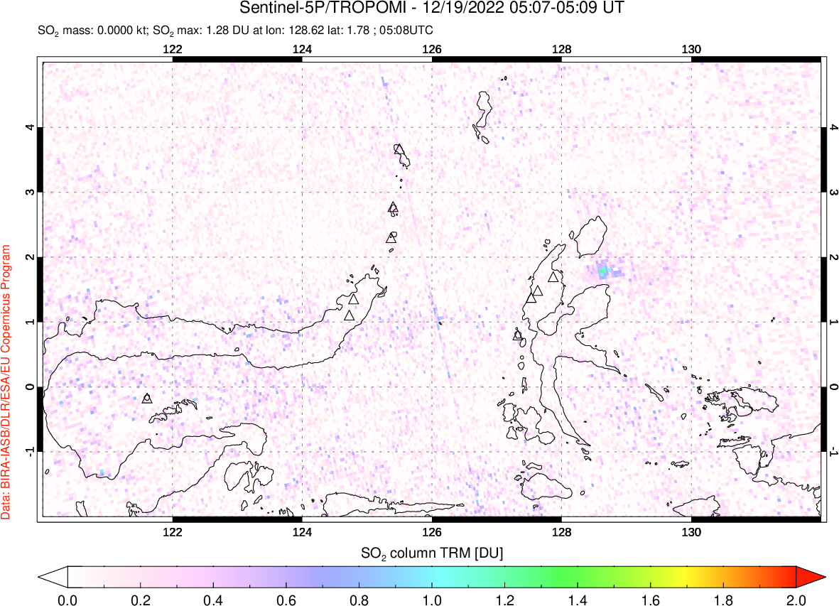 A sulfur dioxide image over Northern Sulawesi & Halmahera, Indonesia on Dec 19, 2022.