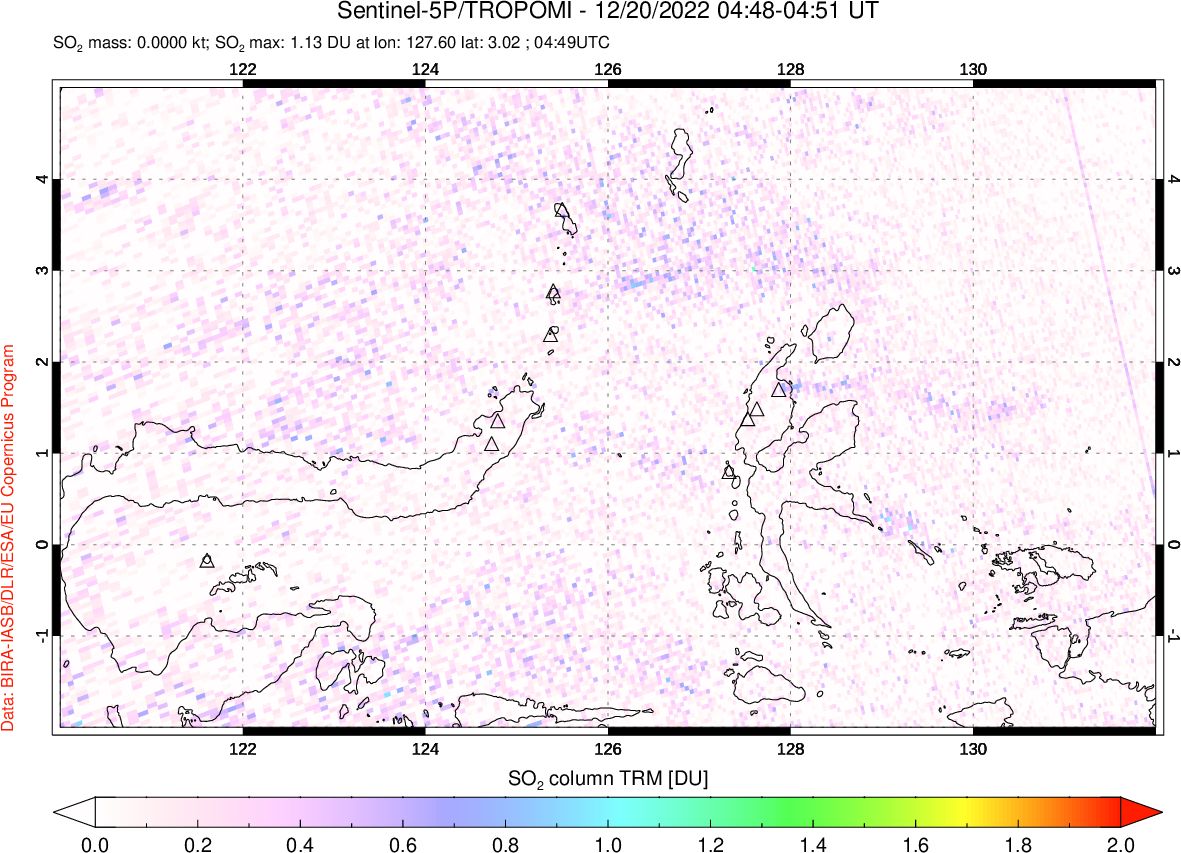 A sulfur dioxide image over Northern Sulawesi & Halmahera, Indonesia on Dec 20, 2022.