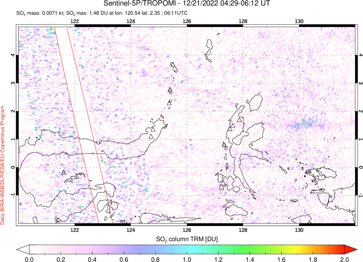 A sulfur dioxide image over Northern Sulawesi & Halmahera, Indonesia on Dec 21, 2022.