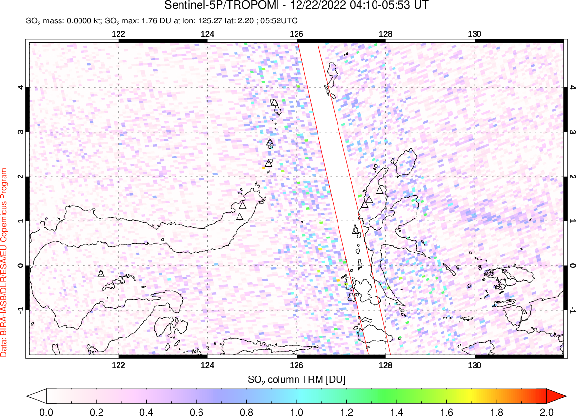 A sulfur dioxide image over Northern Sulawesi & Halmahera, Indonesia on Dec 22, 2022.
