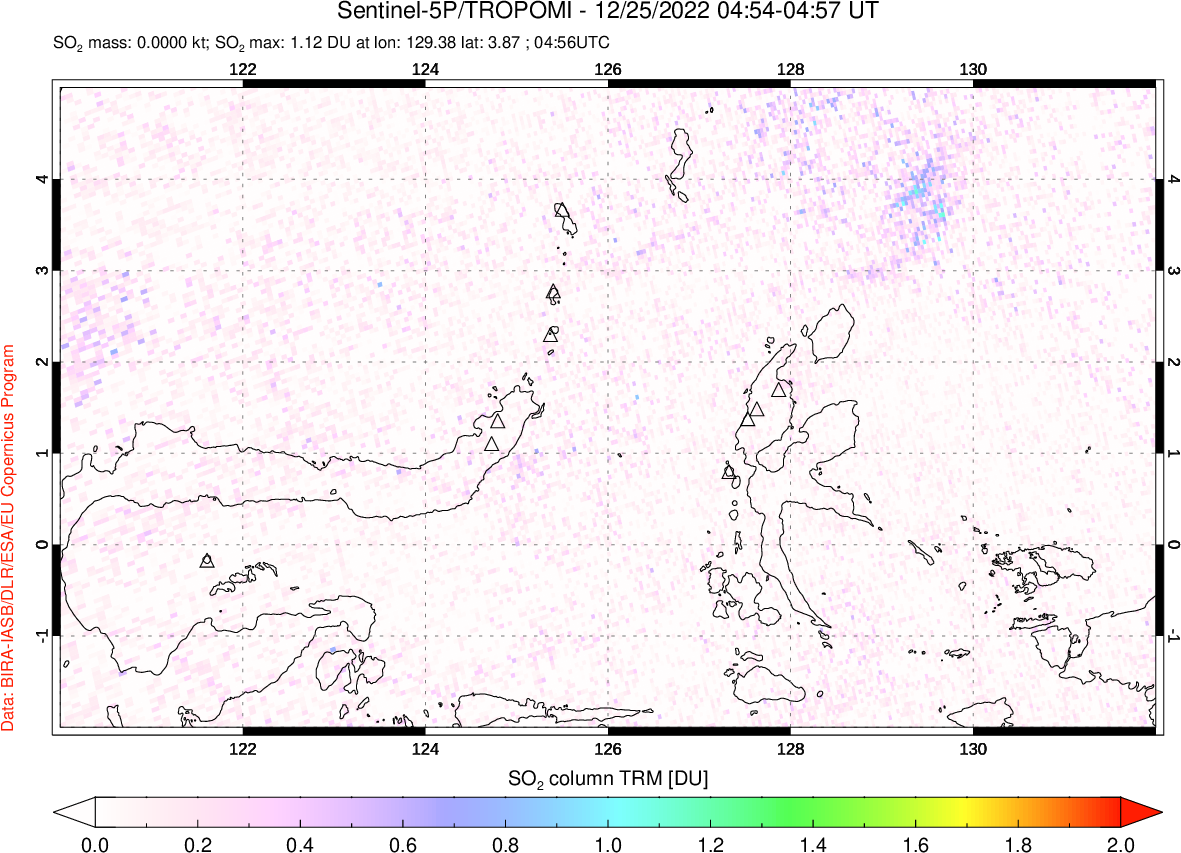 A sulfur dioxide image over Northern Sulawesi & Halmahera, Indonesia on Dec 25, 2022.