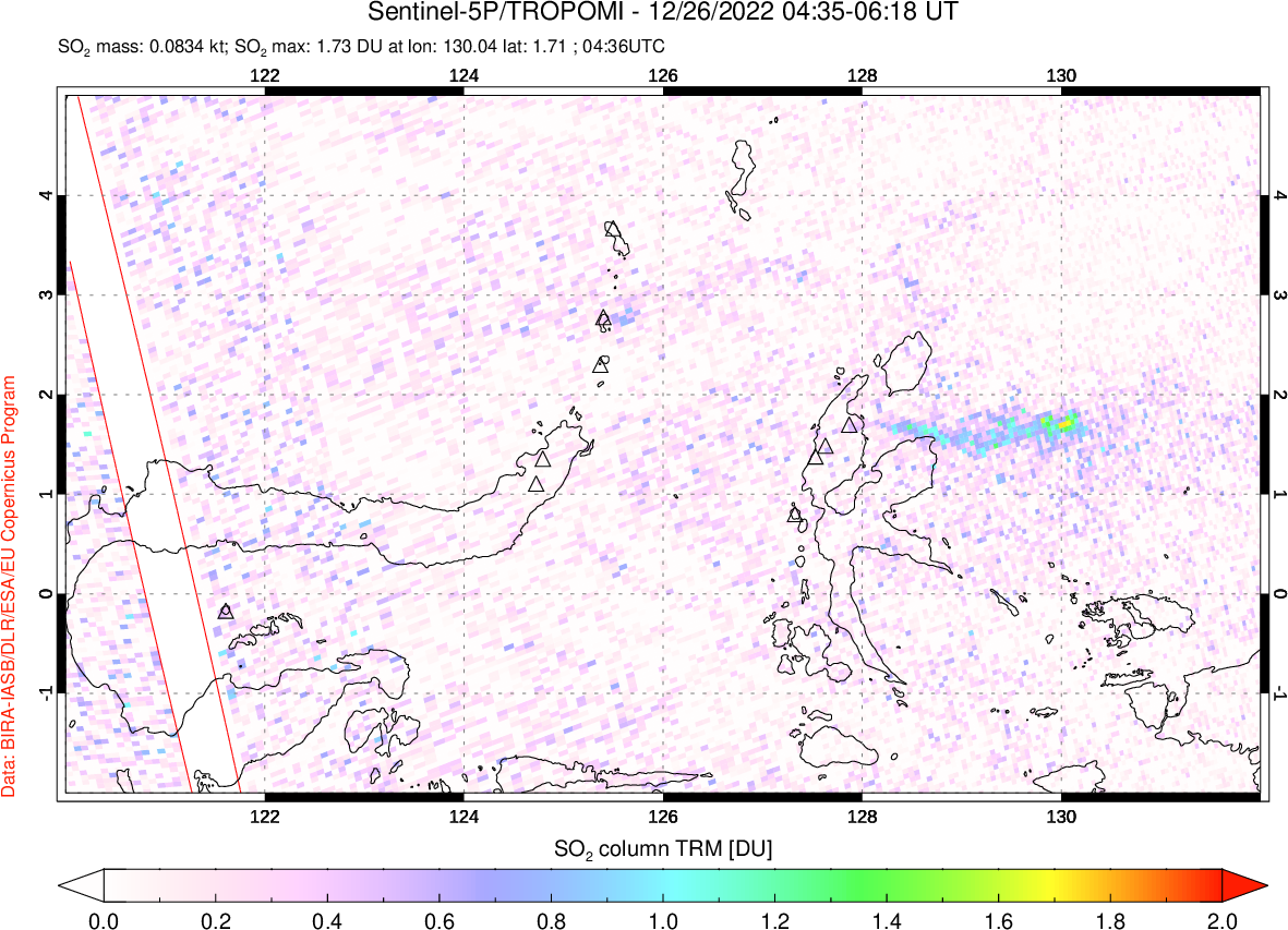 A sulfur dioxide image over Northern Sulawesi & Halmahera, Indonesia on Dec 26, 2022.