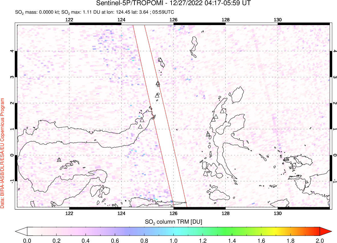 A sulfur dioxide image over Northern Sulawesi & Halmahera, Indonesia on Dec 27, 2022.