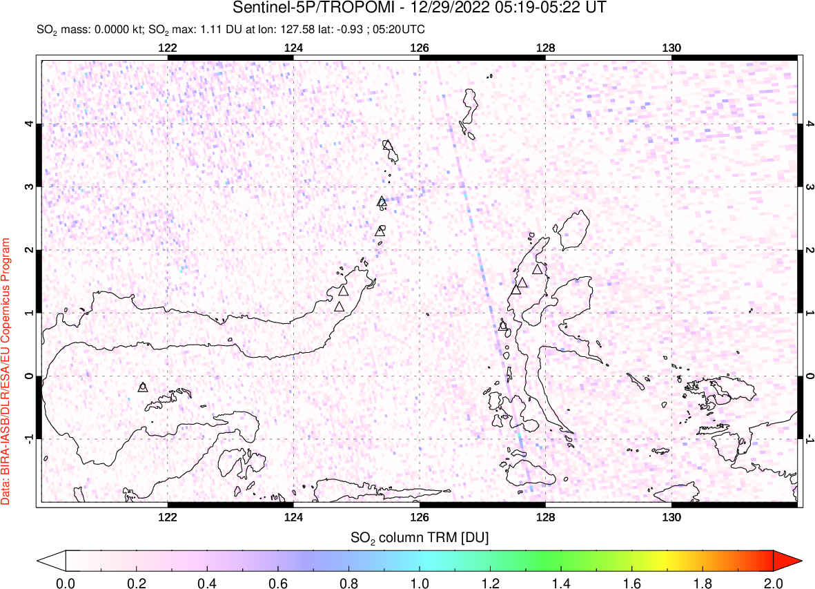 A sulfur dioxide image over Northern Sulawesi & Halmahera, Indonesia on Dec 29, 2022.