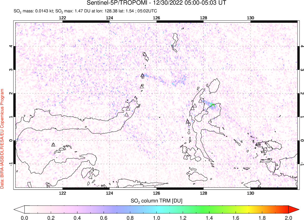 A sulfur dioxide image over Northern Sulawesi & Halmahera, Indonesia on Dec 30, 2022.