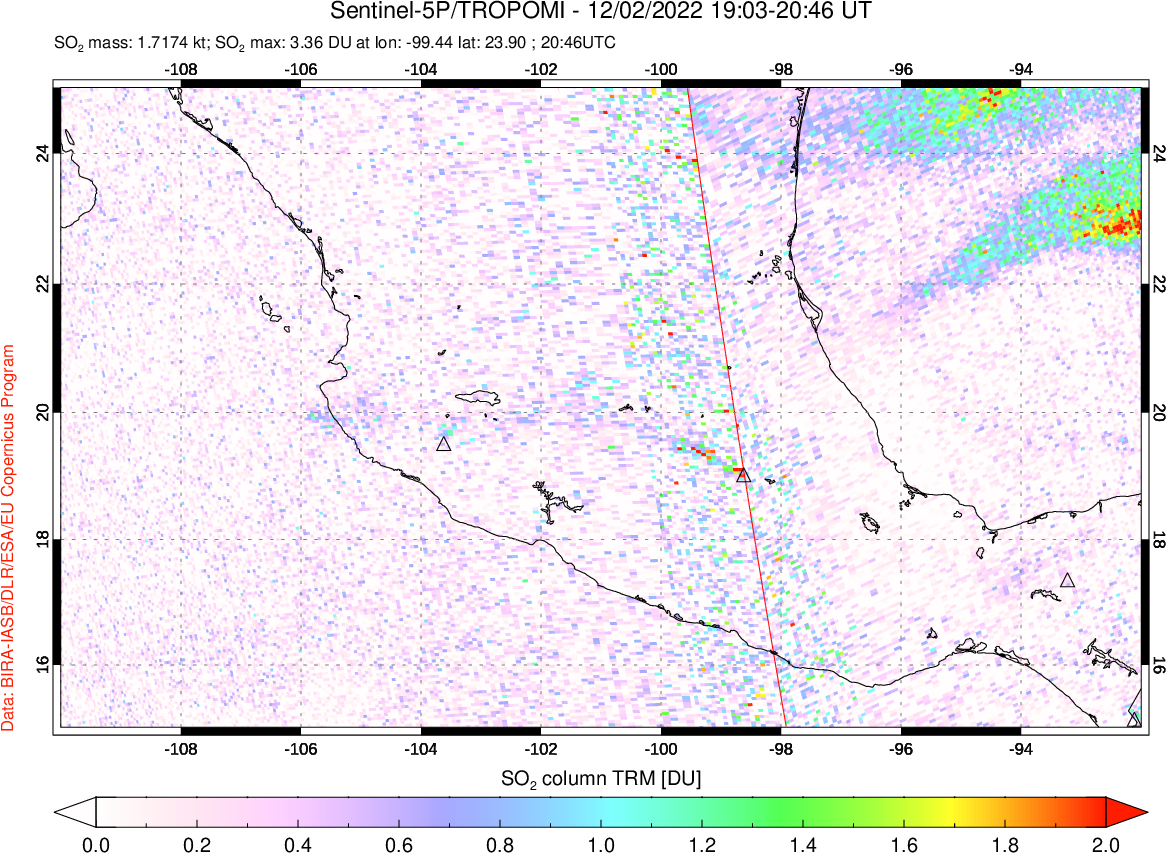 A sulfur dioxide image over Mexico on Dec 02, 2022.