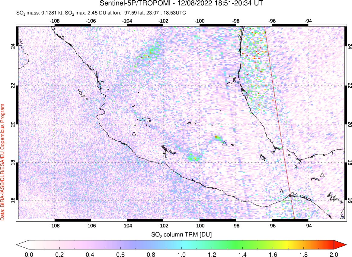 A sulfur dioxide image over Mexico on Dec 08, 2022.