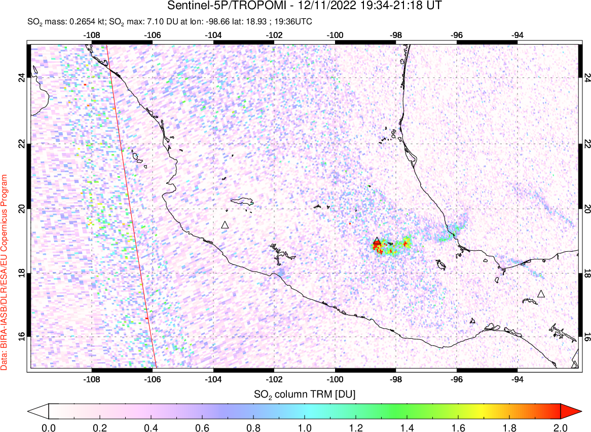 A sulfur dioxide image over Mexico on Dec 11, 2022.