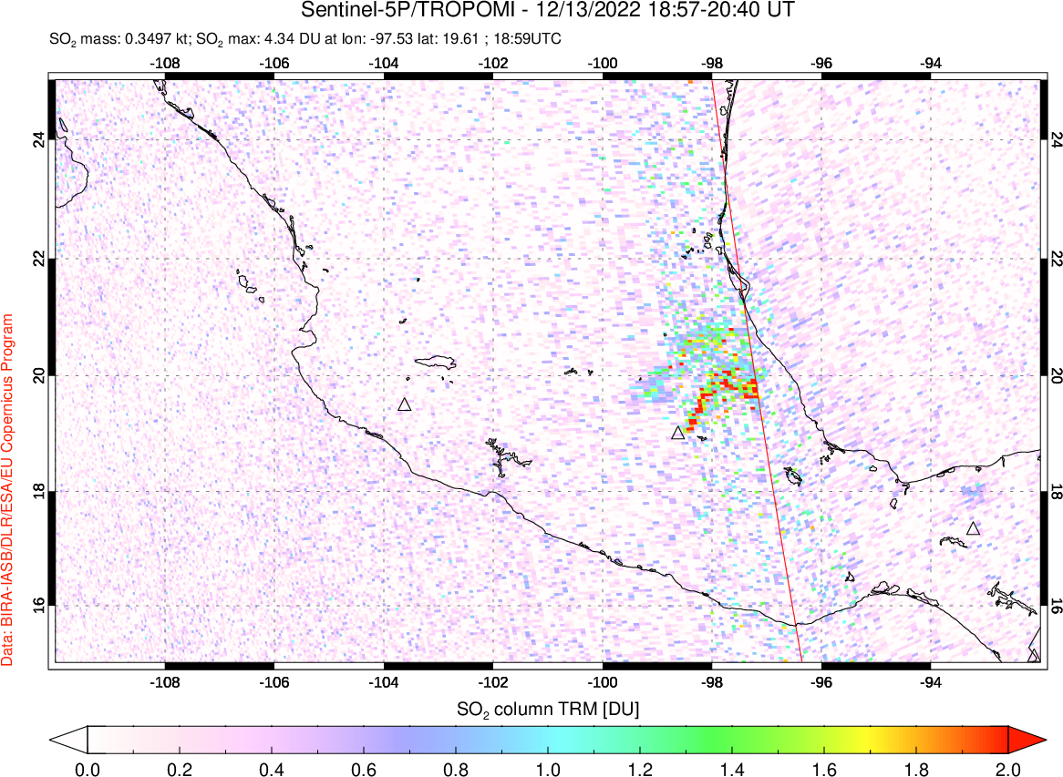 A sulfur dioxide image over Mexico on Dec 13, 2022.
