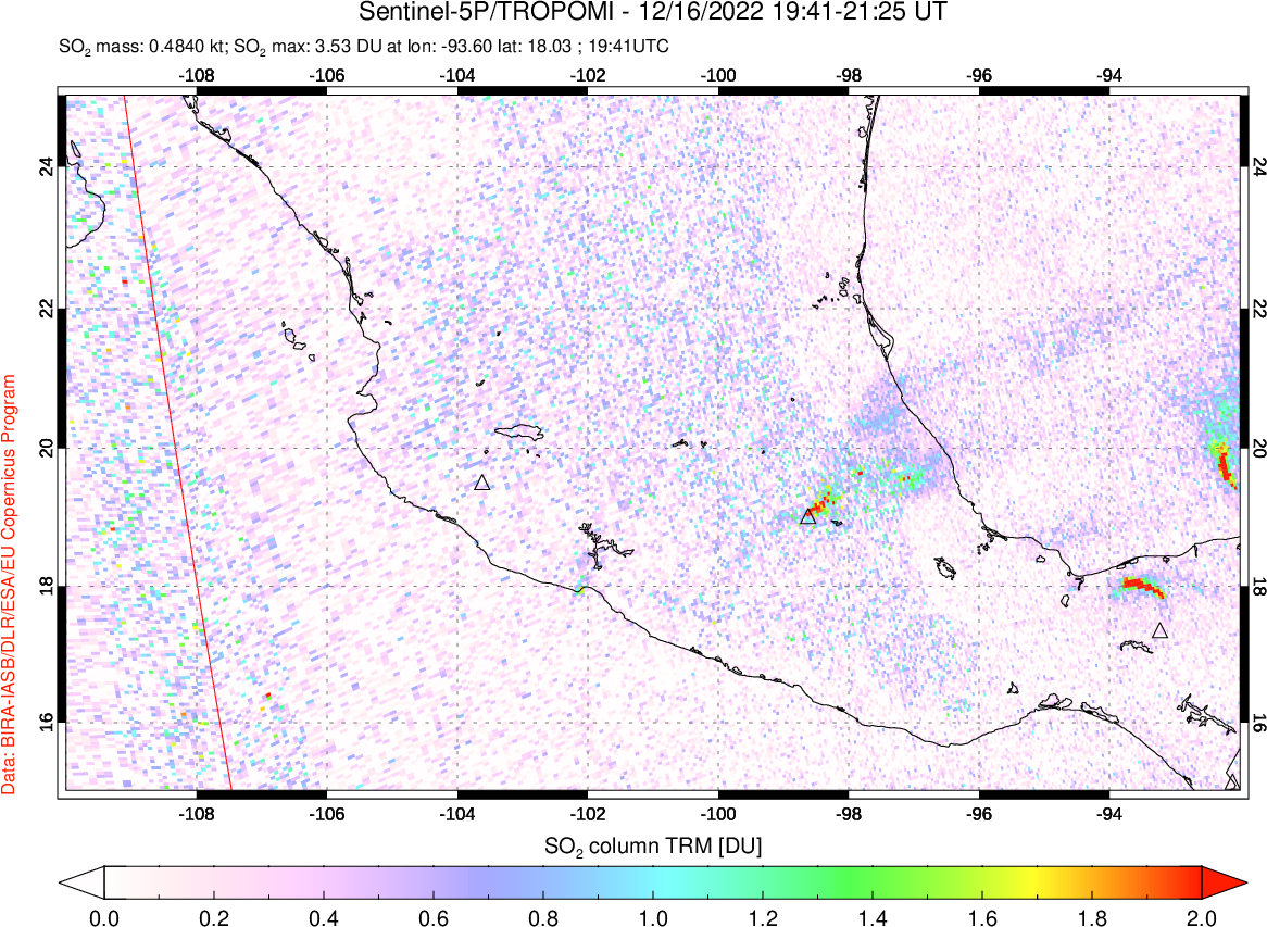A sulfur dioxide image over Mexico on Dec 16, 2022.