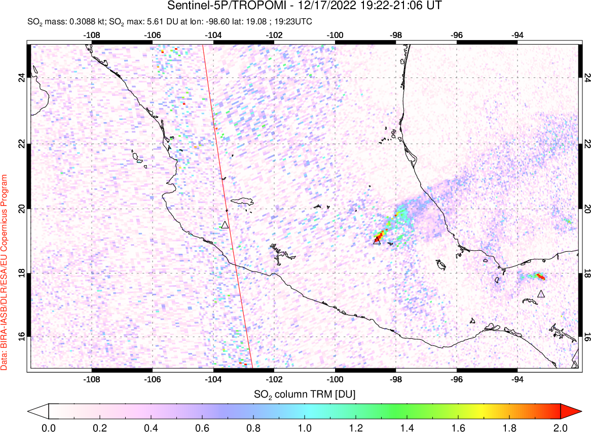 A sulfur dioxide image over Mexico on Dec 17, 2022.