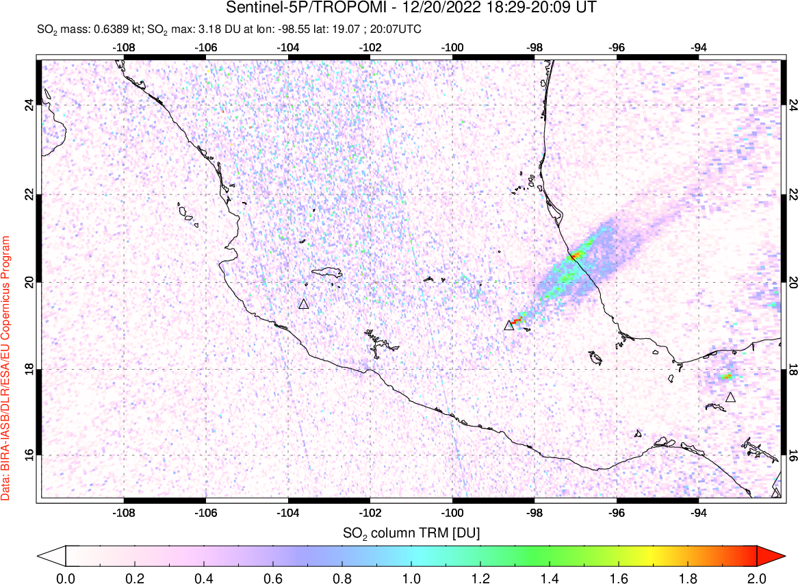 A sulfur dioxide image over Mexico on Dec 20, 2022.