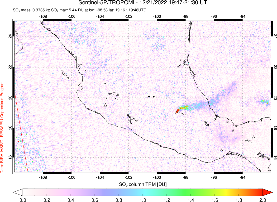 A sulfur dioxide image over Mexico on Dec 21, 2022.