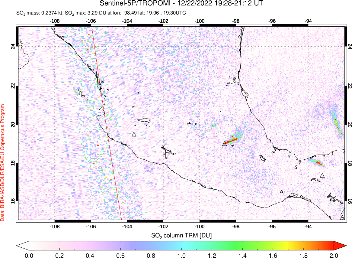 A sulfur dioxide image over Mexico on Dec 22, 2022.