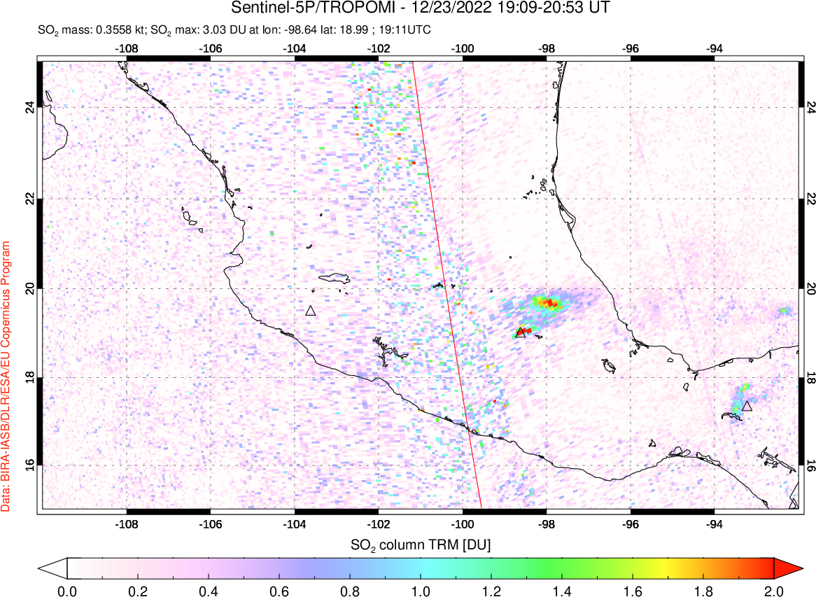 A sulfur dioxide image over Mexico on Dec 23, 2022.