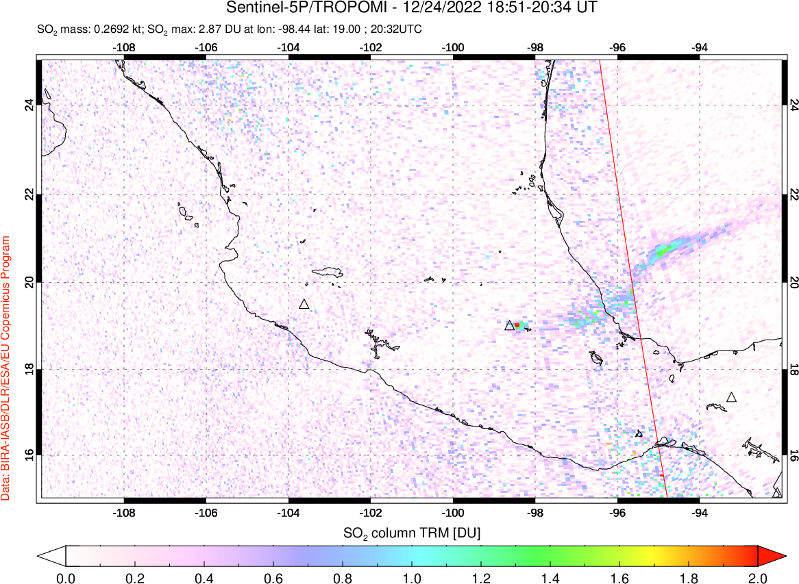 A sulfur dioxide image over Mexico on Dec 24, 2022.