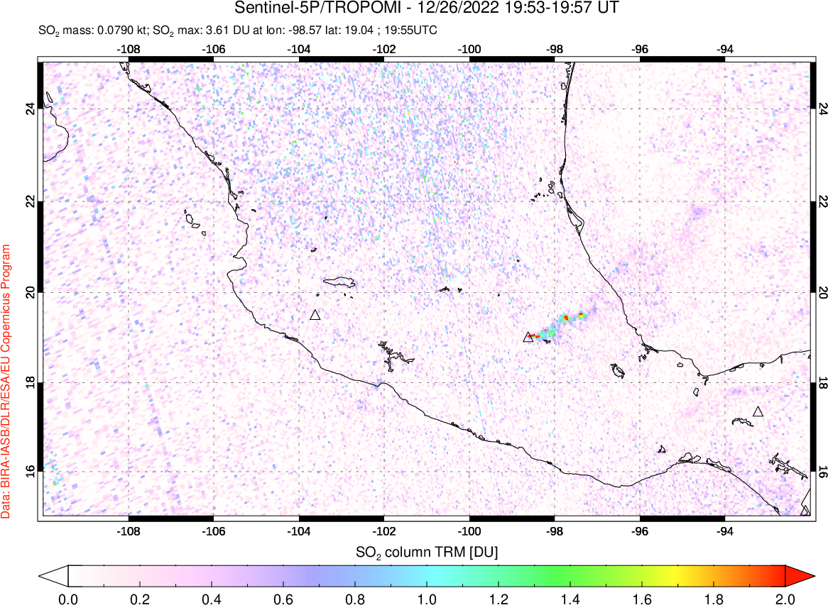 A sulfur dioxide image over Mexico on Dec 26, 2022.