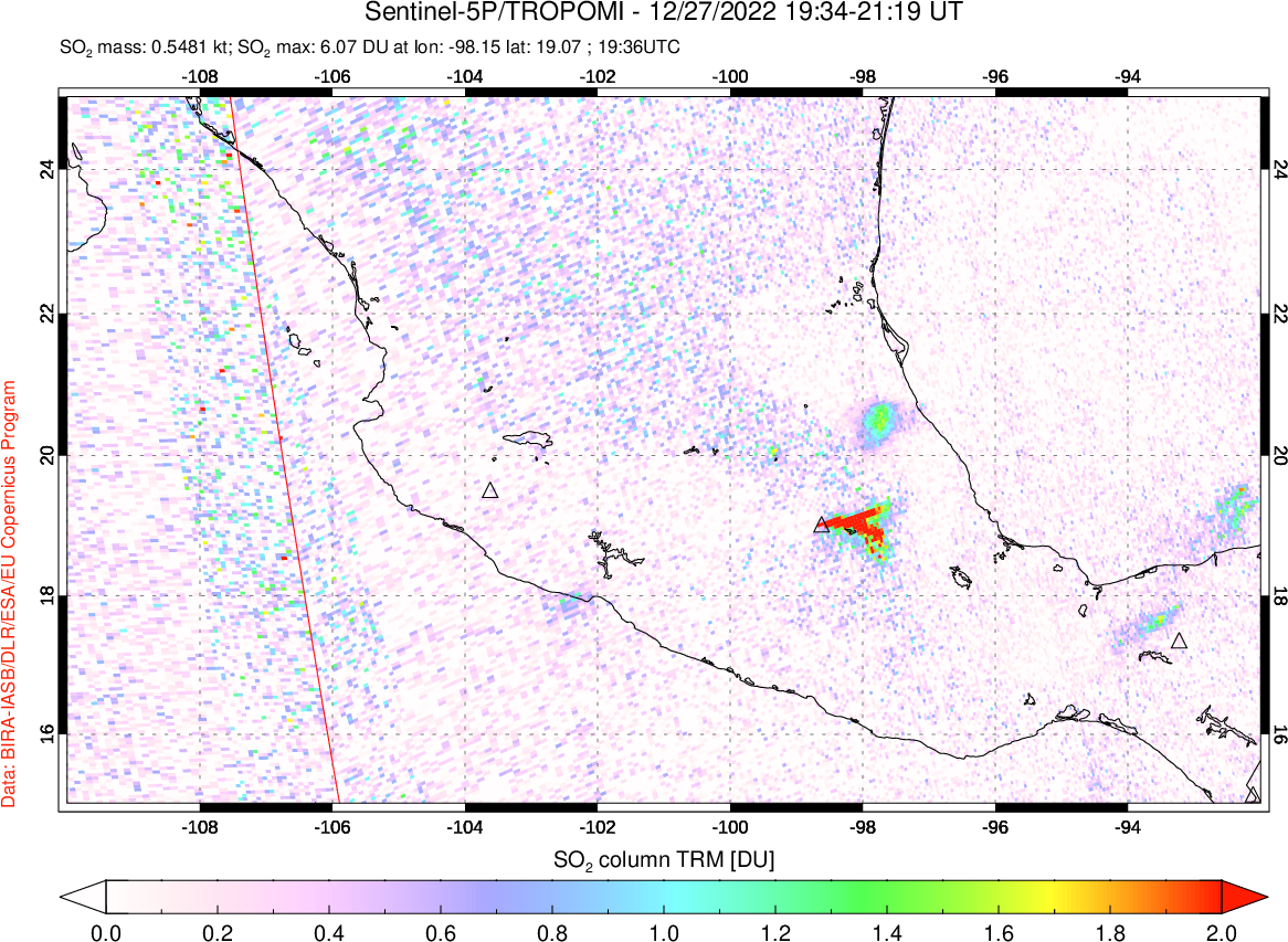 A sulfur dioxide image over Mexico on Dec 27, 2022.