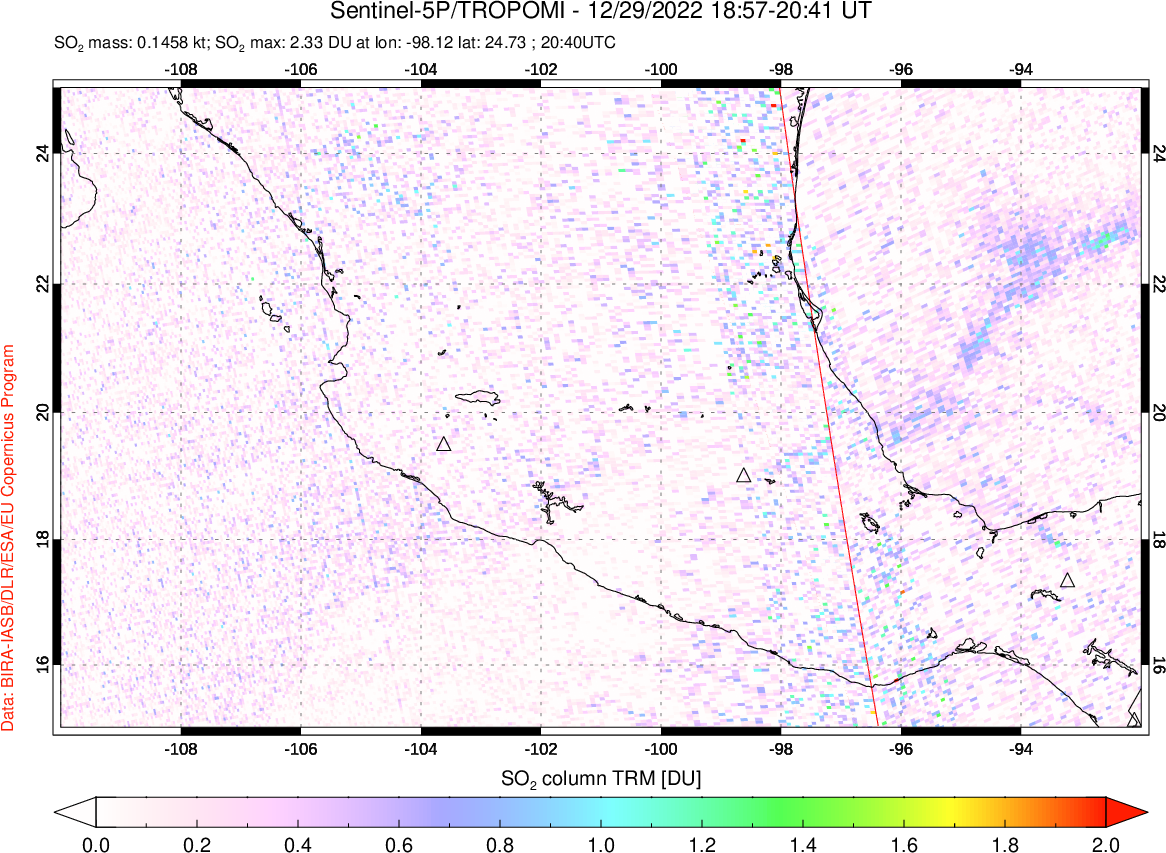 A sulfur dioxide image over Mexico on Dec 29, 2022.