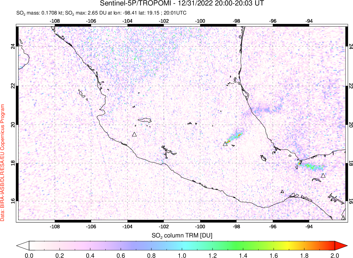 A sulfur dioxide image over Mexico on Dec 31, 2022.