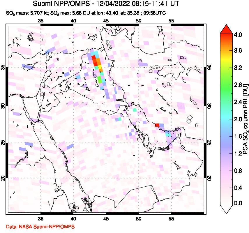 A sulfur dioxide image over Middle East on Dec 04, 2022.