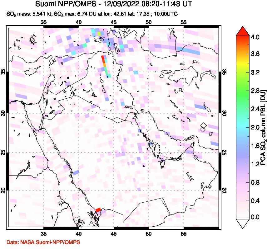 A sulfur dioxide image over Middle East on Dec 09, 2022.