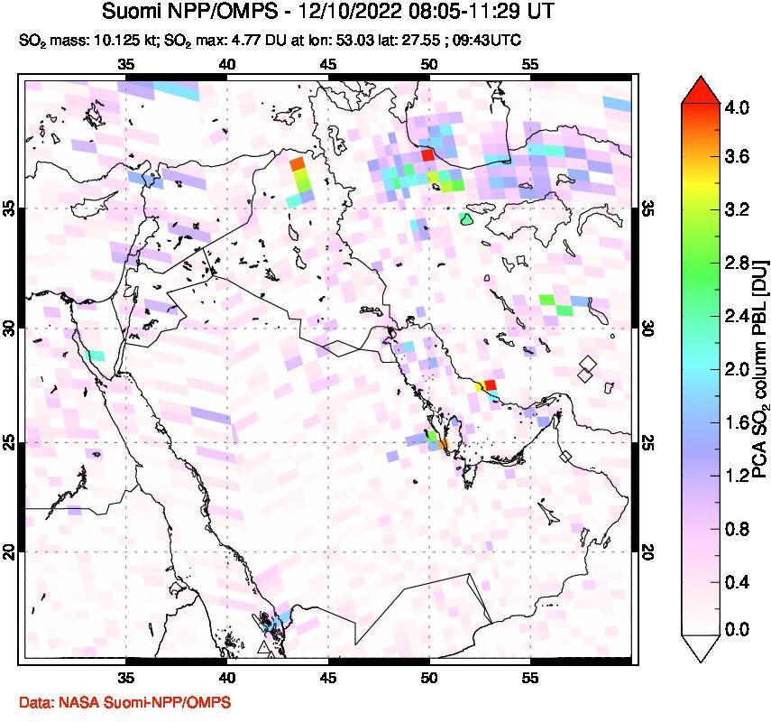 A sulfur dioxide image over Middle East on Dec 10, 2022.
