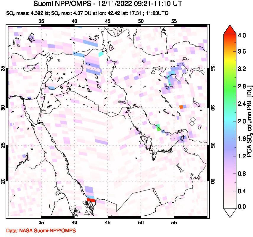 A sulfur dioxide image over Middle East on Dec 11, 2022.