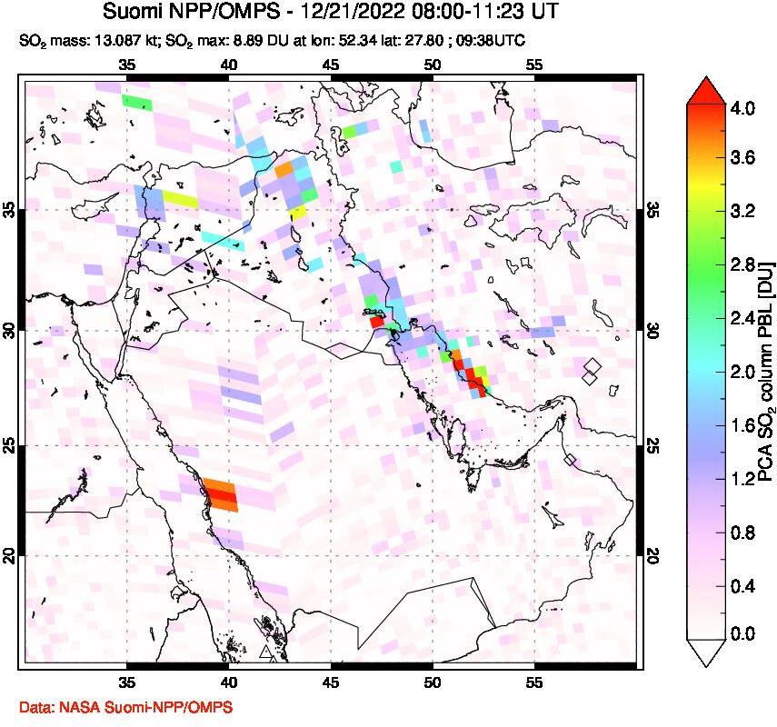 A sulfur dioxide image over Middle East on Dec 21, 2022.