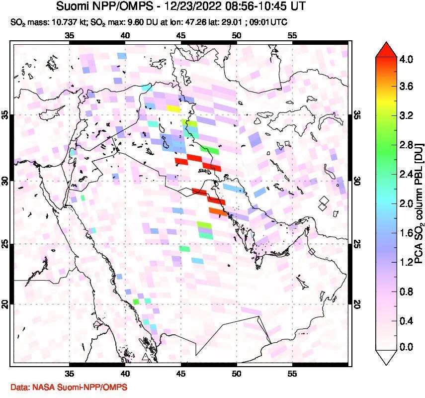 A sulfur dioxide image over Middle East on Dec 23, 2022.