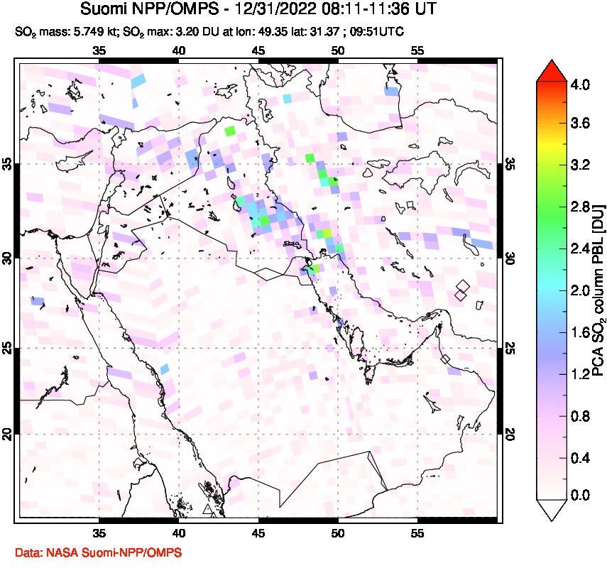 A sulfur dioxide image over Middle East on Dec 31, 2022.