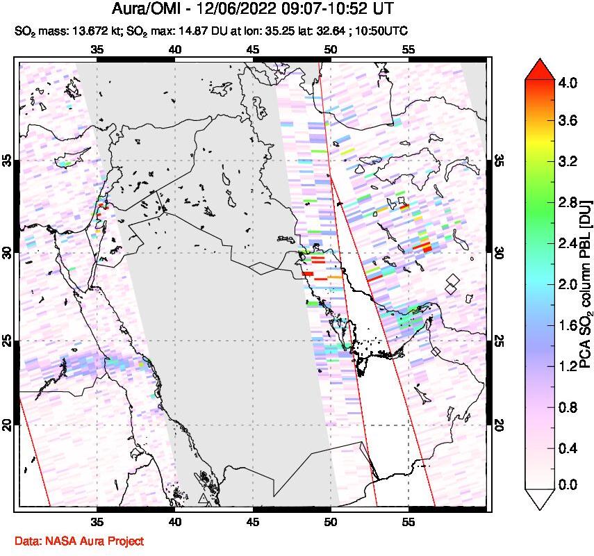 A sulfur dioxide image over Middle East on Dec 06, 2022.
