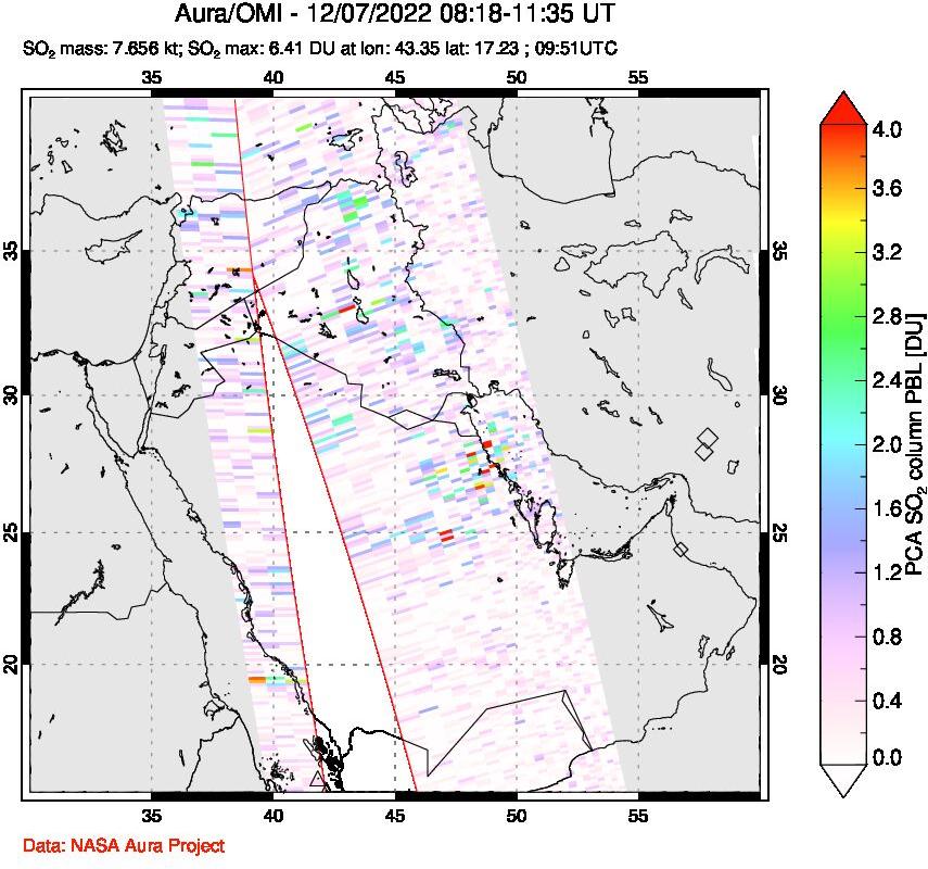 A sulfur dioxide image over Middle East on Dec 07, 2022.