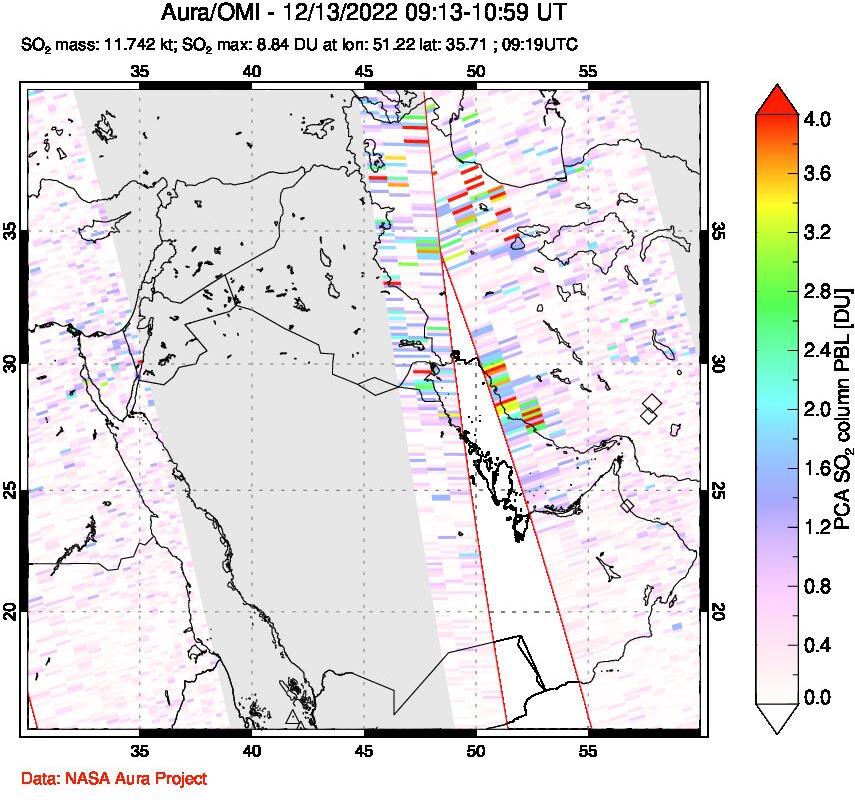 A sulfur dioxide image over Middle East on Dec 13, 2022.