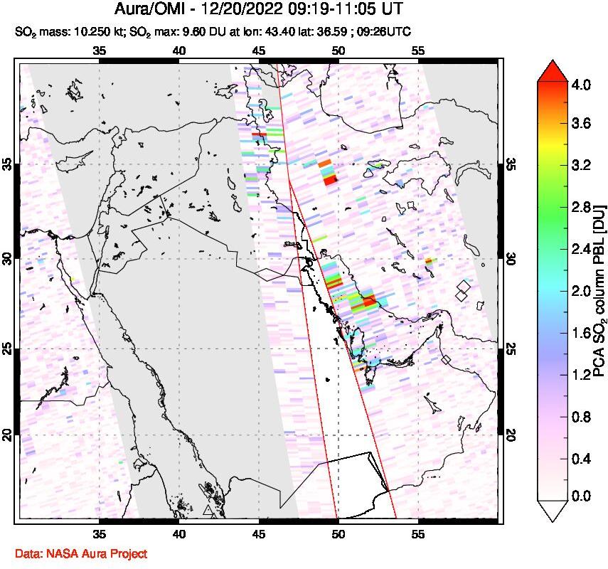 A sulfur dioxide image over Middle East on Dec 20, 2022.