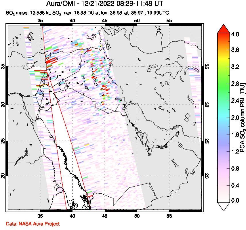A sulfur dioxide image over Middle East on Dec 21, 2022.