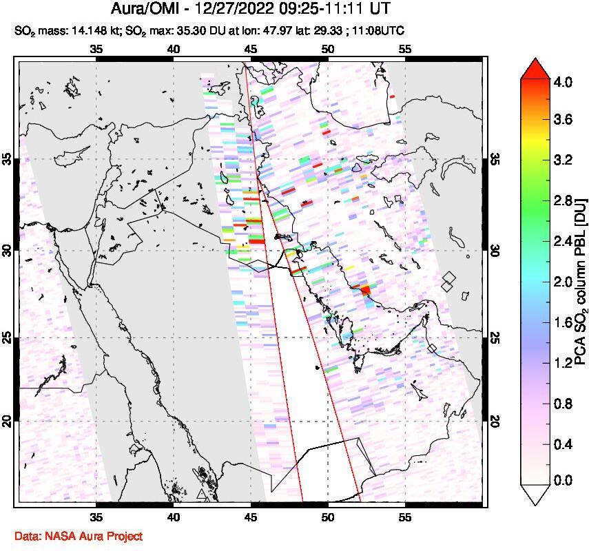 A sulfur dioxide image over Middle East on Dec 27, 2022.