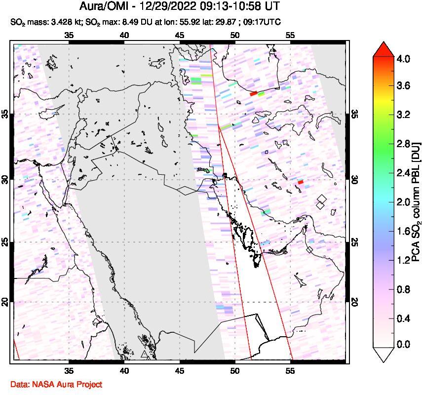 A sulfur dioxide image over Middle East on Dec 29, 2022.
