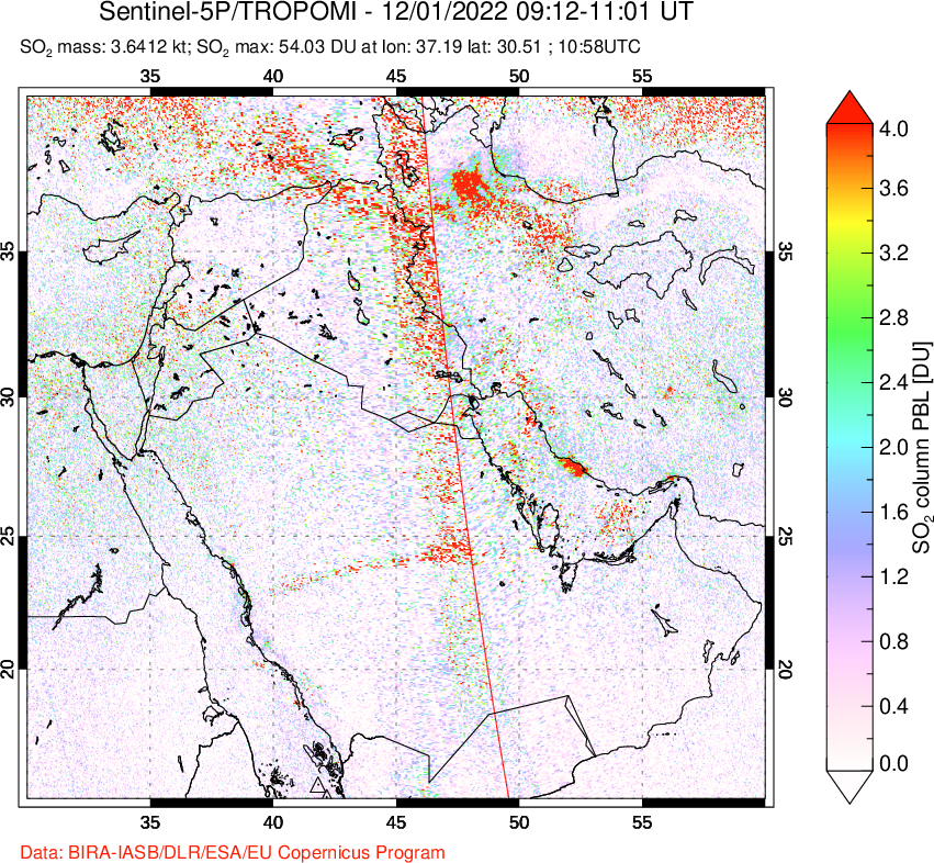 A sulfur dioxide image over Middle East on Dec 01, 2022.