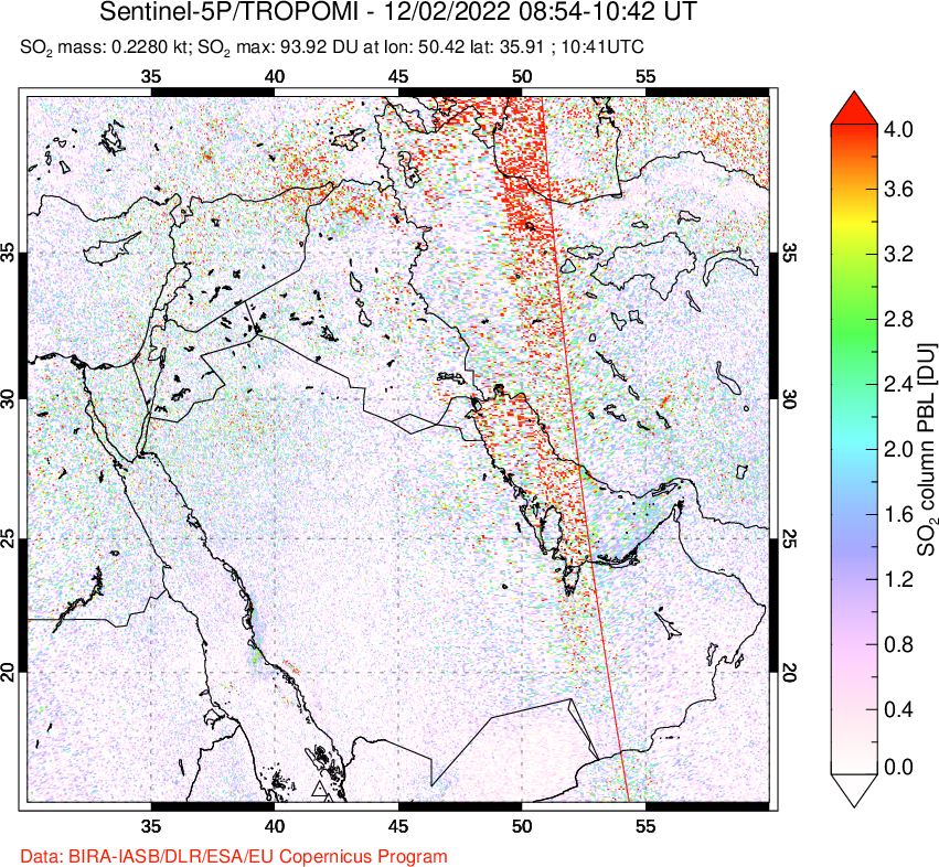 A sulfur dioxide image over Middle East on Dec 02, 2022.